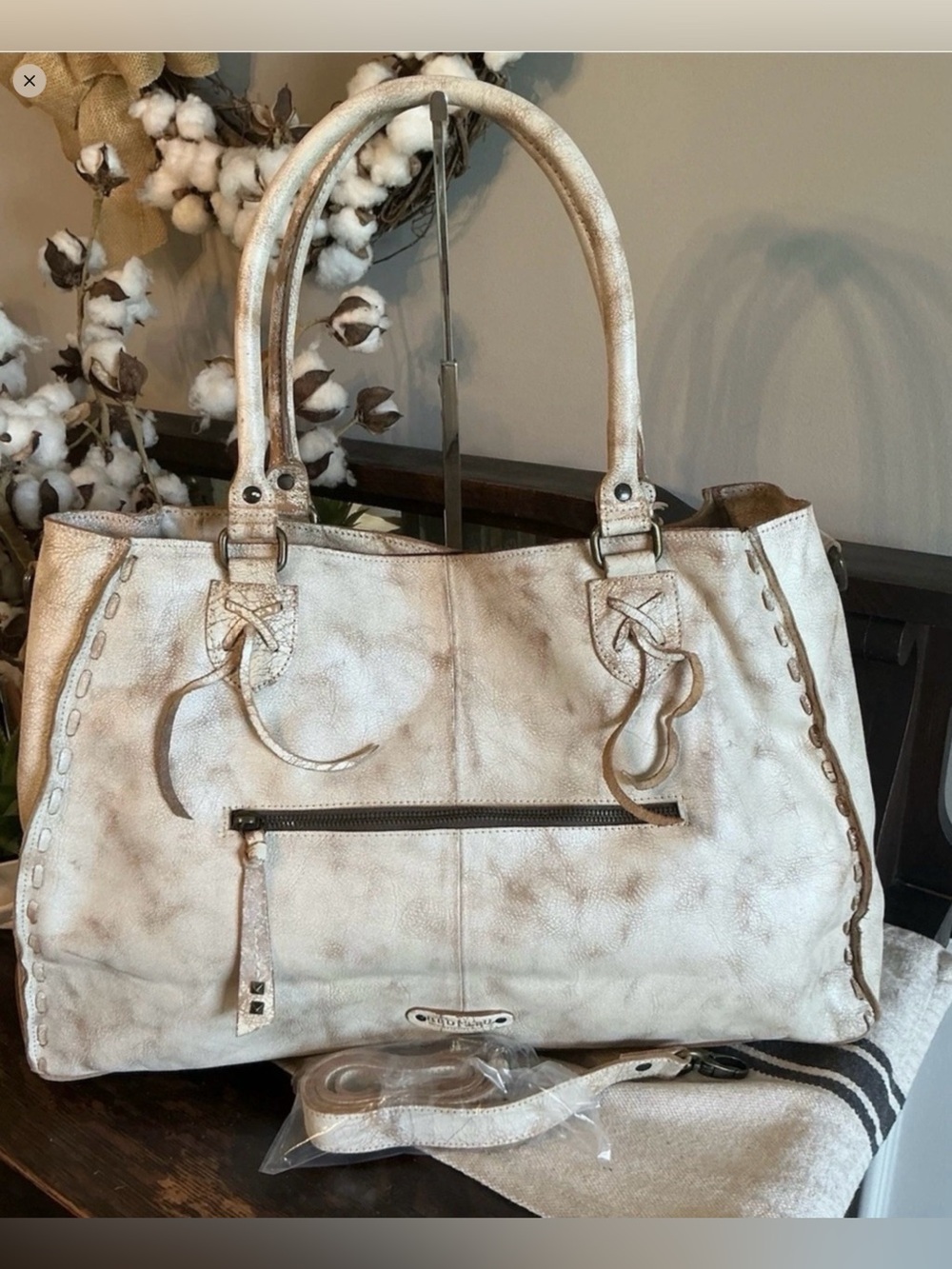 BED|STU Rockaway  Cream & Tan Tie-Dye Leather Tote with Top Handles - Picture 5 of 16